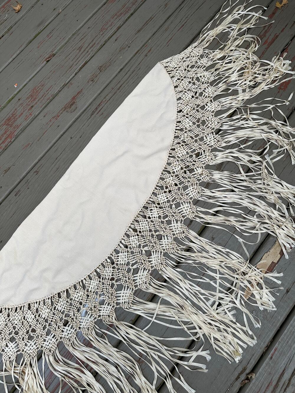 Vintage Piano Shawl 56" Fringe 27" Ivory satin  Macrame wool